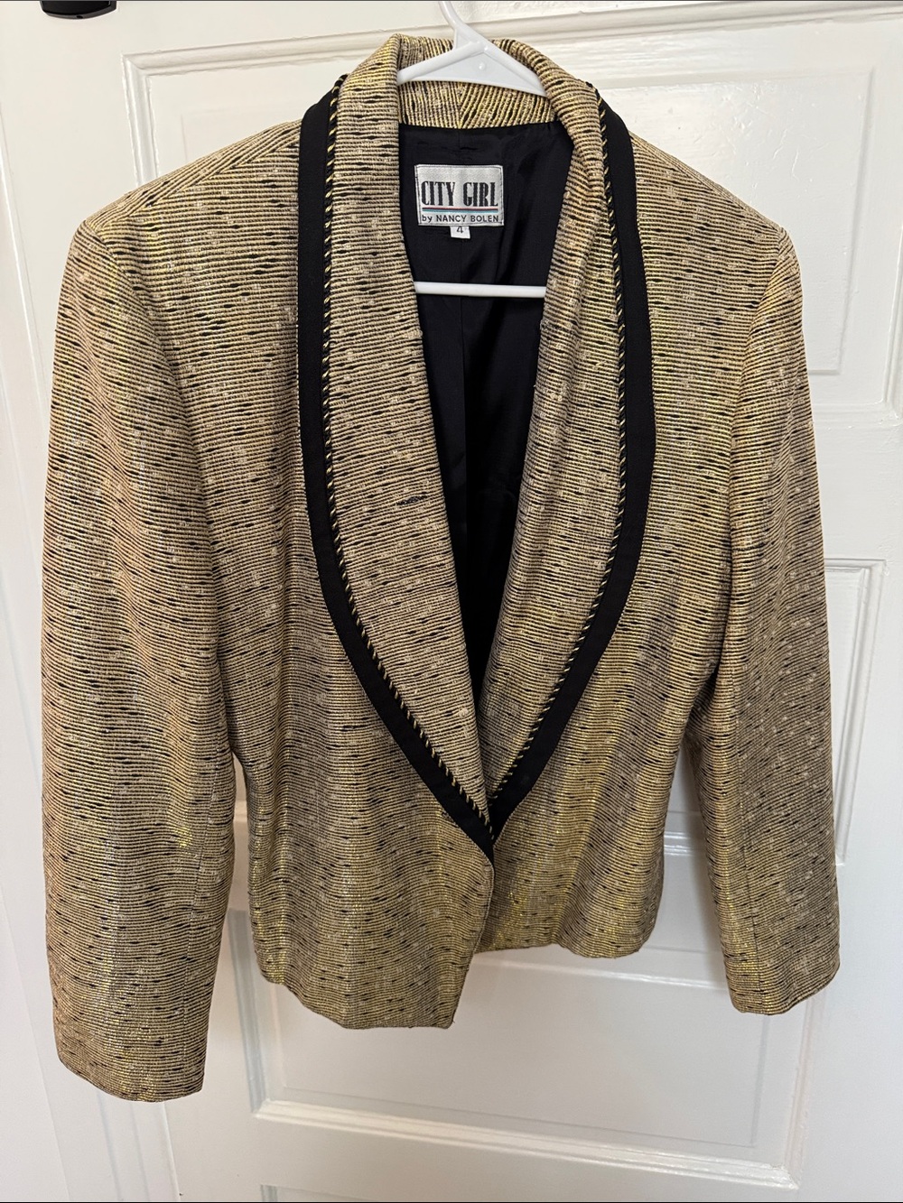 Vintage 90s City Girl Gold Tweed Blazer with Black Trim